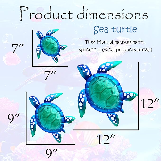 JOYBee Sea Turtle Wall Art Decor, Metal & Glass Sea Life Nautical Home Wall Hanging Decor,Ocean Theme Coastal Decorations for Indoor Outdoor Bathroom and Garden-Blue（Set of 3）