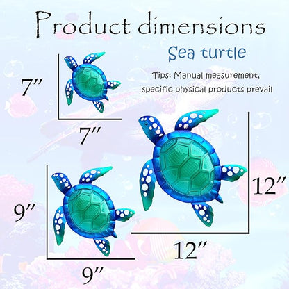 JOYBee Sea Turtle Wall Art Decor, Metal & Glass Sea Life Nautical Home Wall Hanging Decor,Ocean Theme Coastal Decorations for Indoor Outdoor Bathroom and Garden-Blue（Set of 3）