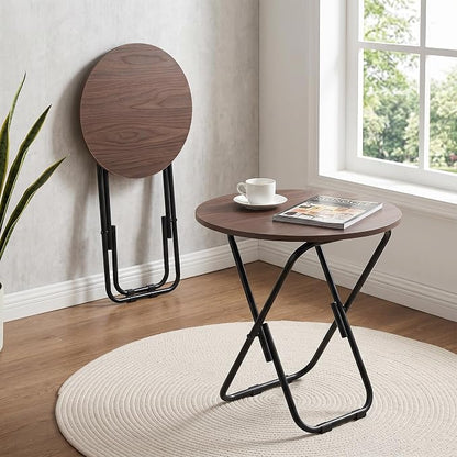 VECELO Patio Outdoor Side Table,17.7 inch Small Folding Table Round Waterproof Wood Table, Foldable Anti-Rust Metal Legs Snack Desk for Garden Balcony,Yard,Living Room