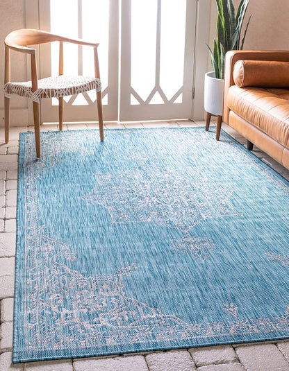 Unique Loom Outdoor Traditional Collection Area Rug - Antique (9' x 12' Rectangle, Light Aqua/ Gray)