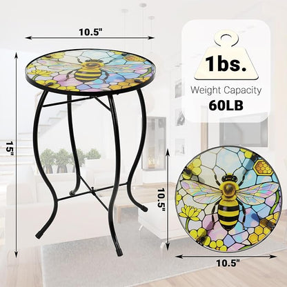 Small Side Table with Metal Frame, 10.5" Round Side Tables with Bee Pattern,Outdoor Table for Balcony,Terrace,Garden,Living Room