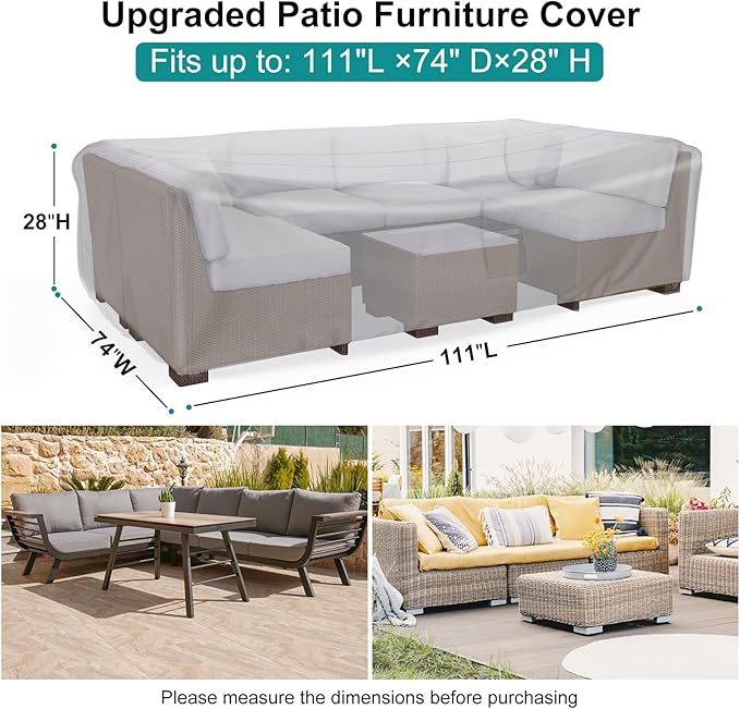 Patio Furniture Set Cover Waterproof, Heavy Duty Funiture Covers for Outdoor Sectional Sofa Set Wicker Rattan Table Chair Rectangular,111"L×74"W×28"H,Grey