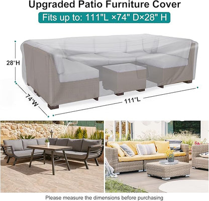 Patio Furniture Set Cover Waterproof, Heavy Duty Funiture Covers for Outdoor Sectional Sofa Set Wicker Rattan Table Chair Rectangular,111"L×74"W×28"H,Grey