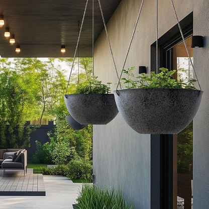 LA JOLIE MUSE Large Hanging Planters for Outdoor Plants - 13 Inch Hanging Flower Pots with Drainage Holes, Set of 2, Rock Grey