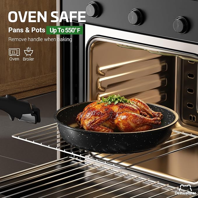 18 Pcs Pots and Pans Set Non Stick, Ceramic Cookware Set Non Toxic with Detachable Handles, Healthy Induction Cookware Oven Safe RV Kitchen Set, PFAS PFOA & PTFE Free, Black