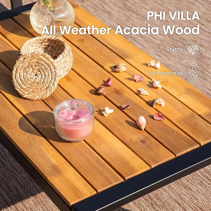 PHI VILLA Patio Wicker Furniture Set for 4, Brown Rattan Loveseat & Chairs with Blue Cushions & Acacia Wood Coffee Table, Outdoor Modern Sectional Conversation Sofa Set for Deck, Yard, Porch