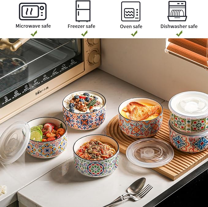 Ceramic Bowl with Lid, Microwave Safe, Set of 6 | Food Storage Containers for Soup, Meal Prep, Cereal, Salad Leftovers - Picnic, Camping, Office Lunch - 20 oz, B-Pattern