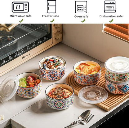 Ceramic Bowl with Lid, Microwave Safe, Set of 6 | Food Storage Containers for Soup, Meal Prep, Cereal, Salad Leftovers - Picnic, Camping, Office Lunch - 20 oz, B-Pattern