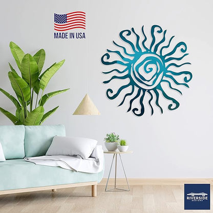 Riverside Designs Wacky Sun Metal Wall Art Indoor/Outdoor Decor - 24" Teal Rust Proof Wall Sculpture - Made in USA - Ideal for Bedroom, Garden, Home, Patio and Farmhouse