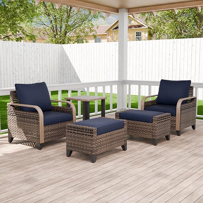 Modern Wicker Bistro Table and Chairs Set, Rattan Outdoor Bistro Set with Patio Chairs, Ottomans & Table, 5 Pieces, Brown/Blue