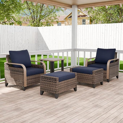 Modern Wicker Bistro Table and Chairs Set, Rattan Outdoor Bistro Set with Patio Chairs, Ottomans & Table, 5 Pieces, Brown/Blue