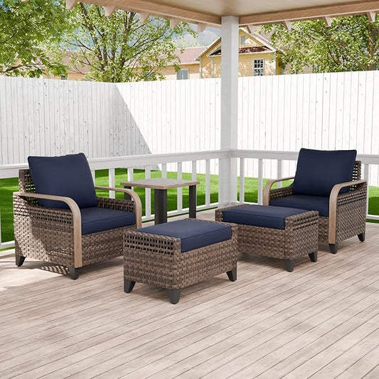 Modern Wicker Bistro Table and Chairs Set, Rattan Outdoor Bistro Set with Patio Chairs, Ottomans & Table, 5 Pieces, Brown/Blue