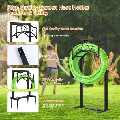Freestanding Outdoor Garden Hose Holder, Heavy Duty Metal Storage Stand with 4 Spikes, Space Saving Organizer for Patio, Lawn, Backyard, Holds up to 150ft Hose, Black