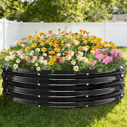 12 Inch Tall Heavy-Duty Round Steel Rised Garden Bed – Wave-Shaped Design Galvanized Metal Planter Box for Vegetables Flowers Succulent at Patio/Garden Outdoor (Black, 48" Diameter)
