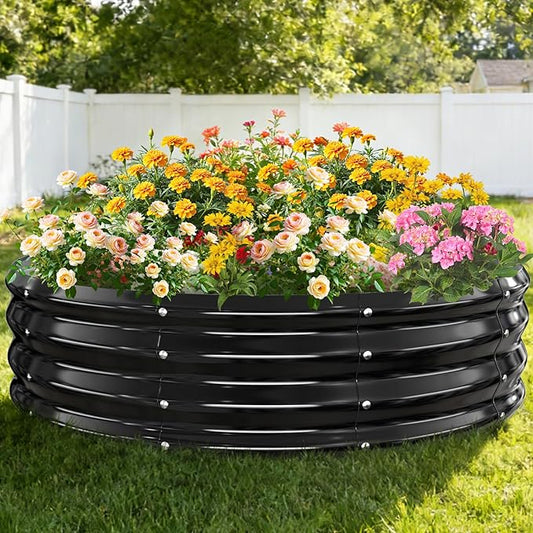12 Inch Tall Heavy-Duty Round Steel Rised Garden Bed – Wave-Shaped Design Galvanized Metal Planter Box for Vegetables Flowers Succulent at Patio/Garden Outdoor (Black, 48" Diameter)