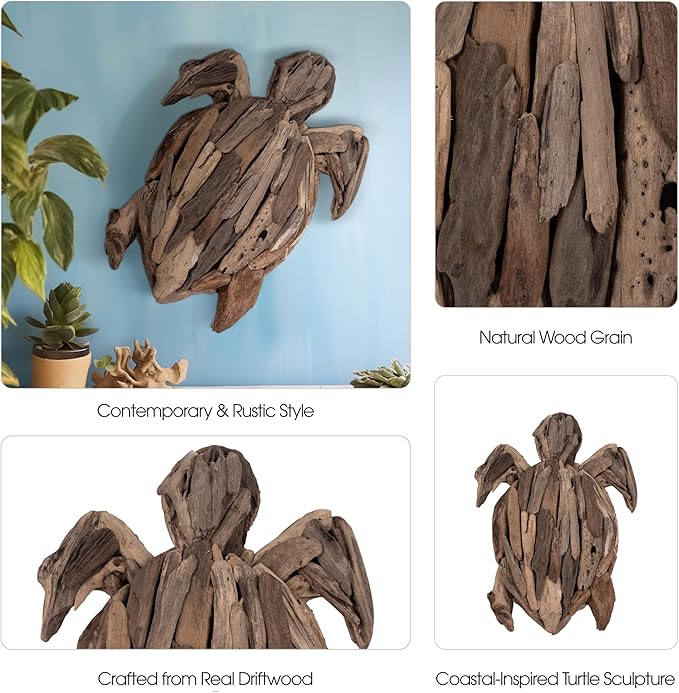 Wooden Driftwood Turtle Sculpture – Relaxed Coastal Room Decor Accent, Living Room or Patio Wall Display, Organic Texture and Artful Home Decor Silhouette – 16"x 22"x 3", Brown