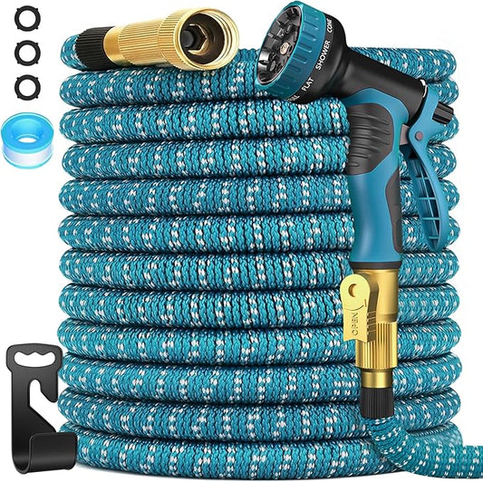 50 ft Expandable Garden Hose - 2026 Newly No-Kink 5 Layer Latex Core Water Hose with 10-Pattern Nozzle, Flexible, Lightweight, Leak-Free, 3/4” Solid Brass Fittings, 3750D Retractable Expanding Hose