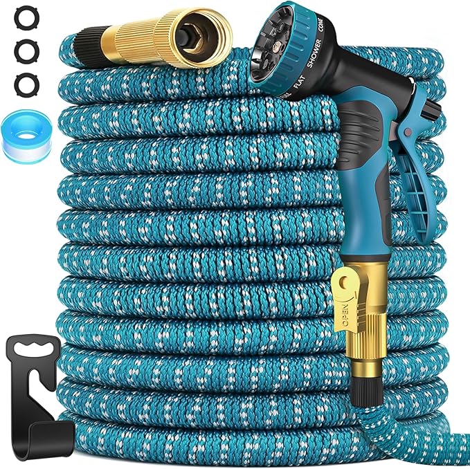 100 ft Expandable Garden Hose - 2026 Newly No-Kink 5-Layer Latex Core Water Hose with 10-Pattern Nozzle, Flexible, Lightweight, Leak-Free, 3/4” Solid Brass Fittings, 3750D Retractable Expanding Hose