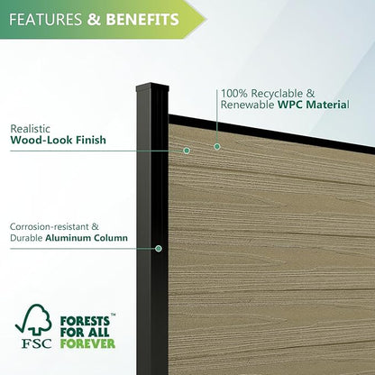 Mondaria Fence Privacy Screen with 8ft In-ground Posts, 6ft(H) x12ft(W) Wood Plastic Composite Fence Panels Weather-Resistant Outdoor Fence for Backyard/Garden (Ancient Wood, 3 Posts)