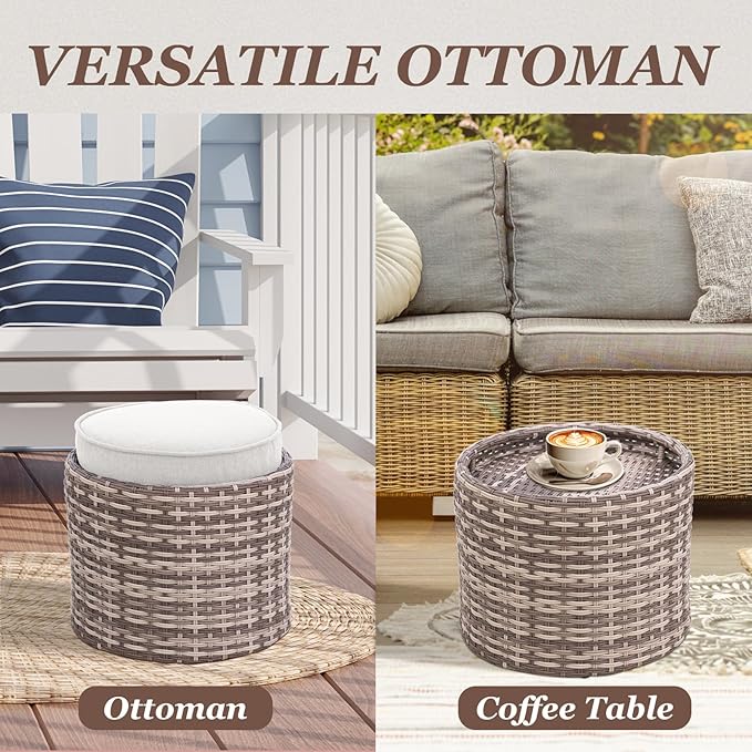 COOS BAY Sand Dune 5 Piece Wicker Patio Furniture Set, Rattan Outdoor Furniture with Nesting Tables, Chairs, Couch, Coffee Tables, and Ottoman, Brown/Beige