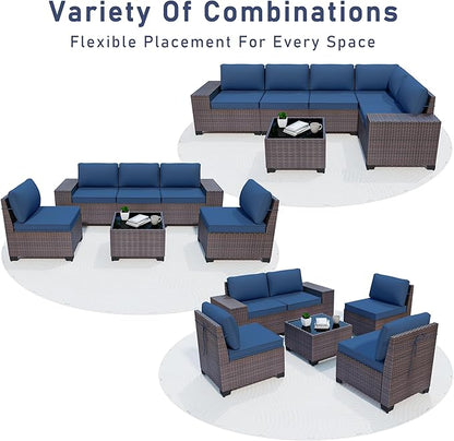 6PCS Outdoor Patio Furniture Set,PE Rattan Wicker Patio Conversation Set with Washable Cushions & Glass Coffee Table,Patio Sectional Furniture Set for Garden, Poolside, Backyard,Navy