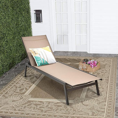 Tangkula 2 Pieces Outdoor Chaise Lounge Chair, 6-Position Adjustable Reclining Chair with Breathable Fabric and Heavy Duty Steel Frame, Patio Lounge Chair for Garden, Backyard and Poolside (2, Brown)