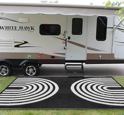 Anidaroel Outdoor Area Rug for Patio Clearance 5x8ft Waterproof, Reversible Plastic Straw Rug Outside Rug, UV Resistant RV Mat for Camping, Porch, Balcony, Pool Deck(Black&White, 5‘x8')