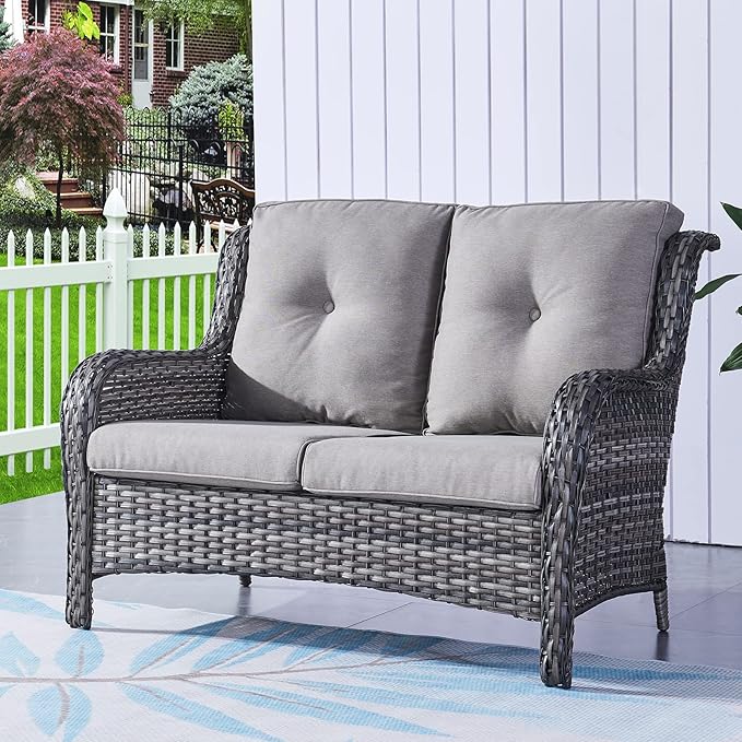 HUMMUH 4 Piece Patio Conversation Furniture Set PE Wicker Rattan Outdoor Loveseat Sofa,Patio Chairs,Coffee Table for Garden,Poolside,Backyard,Deck