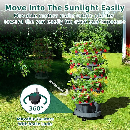 7 Tiered Strawberry Vertical Planter 2 Pack, Stackable Tower Garden Planter Herb Garden Planter with Movable Casters and Bottom Saucer Indoor and Outdoor - Dark Grey