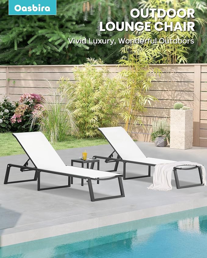 Aluminum Chaise Lounge Chair Outdoor, No Assembly & Foldable Patio Pool Lounge Chairs 5-Position Recliner for Outside, Fully Grounded Legs Sun Lounger for Poolside, 4 Packs, Bright White