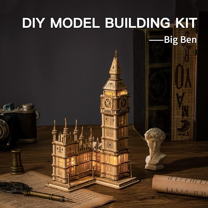 ROBOTIME 3D Puzzle for Adults Wooden Craft Kits for Teens DIY Construction Model Kit with LED Light to Build Educational Big Ben Set Toys Birthday Gifts
