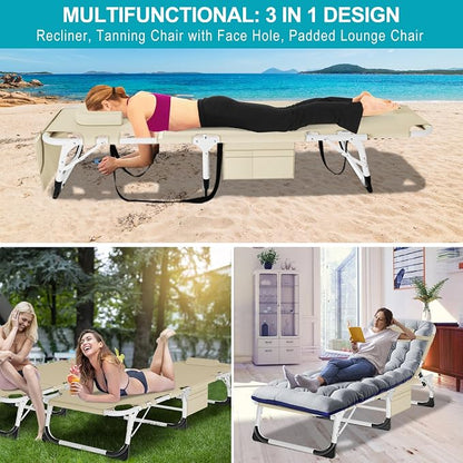 ABORON 3-in-1 Tanning Chair, 5-Position with Face and Arm Holes | 5-position reclining chair includes a removable mat, pillow, face hole and arm slots; folds flat for beach or patio use.