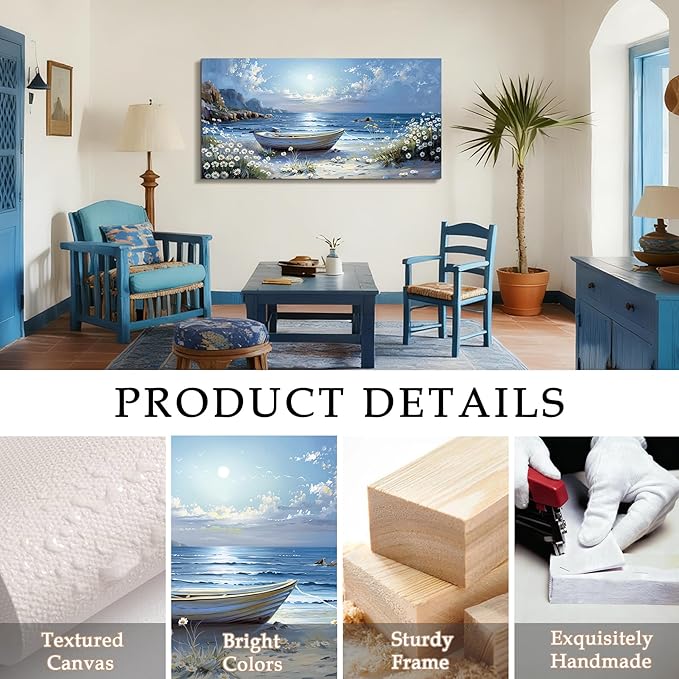 SERIMINO Beach Wall Art, Large Wall Decor, Boat Wall Art, Blue Ocean Landscape Prints, Seaside Daisy Wildflowers Pictures for Living Room Bedroom Bathroom Kitchen Office House Decorations 20"x40"