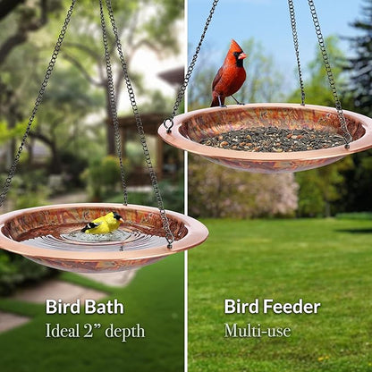 Good Directions Hanging Fired Torched Bird Bath for Outside Backyard, Outdoor, Patio, Garden, Birdbath Gift for Bird Lovers Watchers, Small 13" Copper Metal