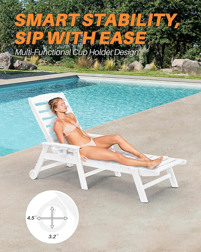 HDPE Outdoor Chaise Lounge Set of 2, 5-Position Adjustable Outdoor Lounger with Wheels & Cup Holder, 78.4'' Poly Lounge Chairs, HDPE Patio Lounge Chairs for Deck, Backyard, Poolside, Pearl