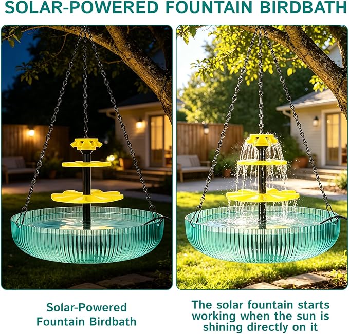 3-Tier Hanging Solar Bird Bath Fountain, Solar Pump Cascading Water Feeder with 16.4FT Extra Long Cord, Large Bird Bowl for Hummingbirds Wild Birds (1pcs-Solar Bird Bath Fountain)