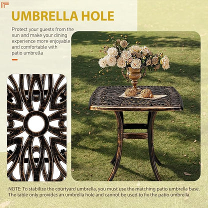 Outvita Patio Side Table, 21.3in Outdoor Square Cast Aluminum Bistro Table with Umbrella Hole and Antique Design for Backyard Porch Pool Balcony Deck Bronze