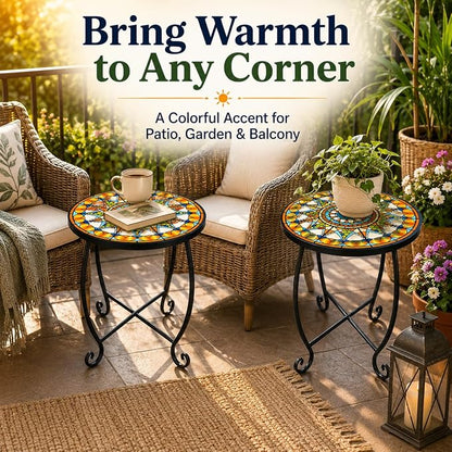 Set of 2 Mosaic Outdoor Side Tables Round, 15 Inch Height - Small Patio Table Set, Foldable Sun Pattern Metal Plant Stands for Garden, Balcony & Yard (Mosaic Sun, 2 Pack)