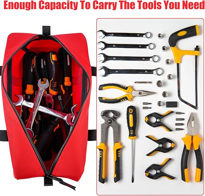 MELOTOUGH Utility Rudded Tool Bag Small Canvas Tool Bag with Zipper Combo Kit-Includes 2 Medium Tool Organizer Bags for Electrician, Plumbing, Gardening, HVAC & More (14 inch,Red&Black)