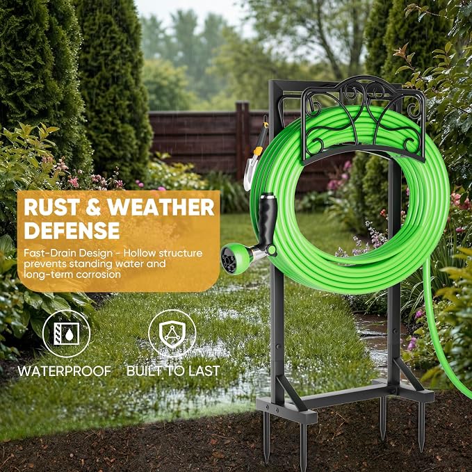 Heavy-Duty Garden Hose Holder with Tool Hooks and Stable Base, Metal Hose Hanger Garden Hose Storage Holds 160Ft, Rustproof Freestanding Water Hose Holder for Outside, Yard, Lawn, Farm