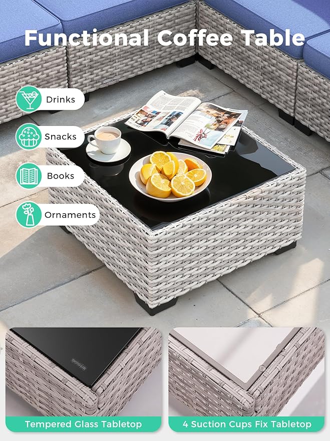 12 Piece Outdoor Wicker Rattan Sectional Sofa Set, 10-Seats Patio Furniture Conversation Set with 4" Thickened Cushions & Coffee Table, All-Weather PE Rattan for Garden, Backyard, Porch, Blue