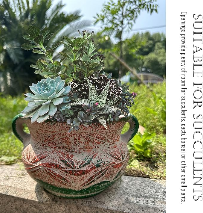 Ceramic Succulent Pot with Drainage Hole, Bohemia Rustic Decorative Planter, Set of 2, Indoor Outdoor