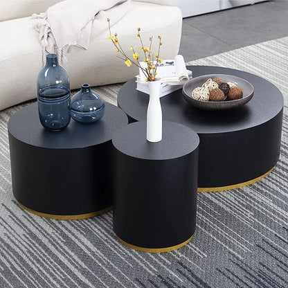 kevinplus Black Round Coffee Table for Living Room, Modern Contemporary Drum Circle Wood Coffee Table for Apartment Office, Black & Gold