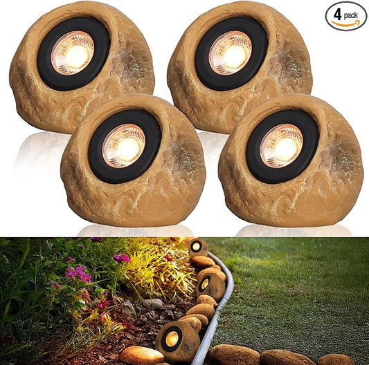 LEONLITE 5CCT LED Rock Lights Outdoor, 5W Low Voltage Landscape Spot Light for Garden, Yard, Decorative Stone Light, 12-24V AC/DC, CRI90, 200lm, IP65 Waterproof, Round, Yellow, Pack of 4