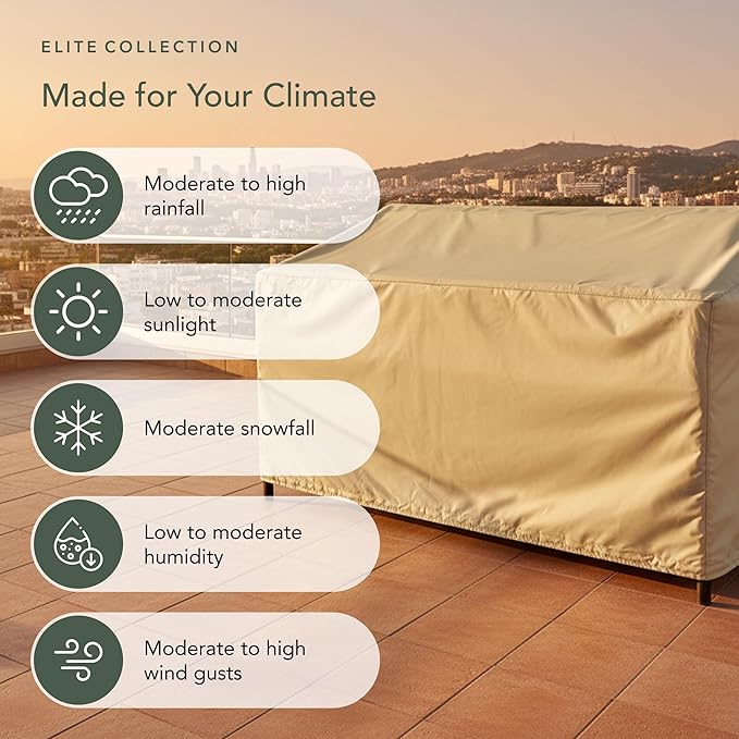 Covermates Elite Outdoor Patio Sofa Cover – Water-Resistant 300D Polyester, Double-Stitched Seams, Elastic Hem, Auto-Locking Drawcord & Mesh Vent for Moderate Weather, 64W x 34D x 38H, Khaki