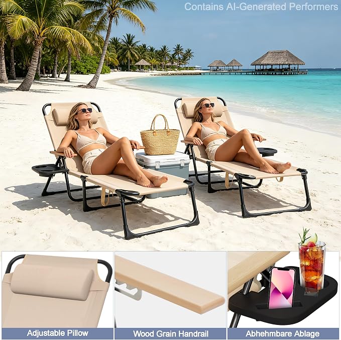 Beach Lounge Chairs with Armrests, 4-Position Folding Lounge Chairs for Outside, Sunbathing Portable Lounge Chaise, Tanning Chair Pillow & Cup Holder, for Outside Beach Pool (Beige)