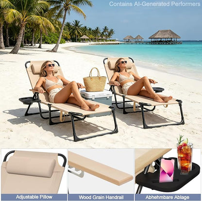 Beach Lounge Chairs with Armrests, 4-Position Folding Lounge Chairs for Outside, Sunbathing Portable Lounge Chaise, Tanning Chair Pillow & Cup Holder, for Outside Beach Pool (Beige)