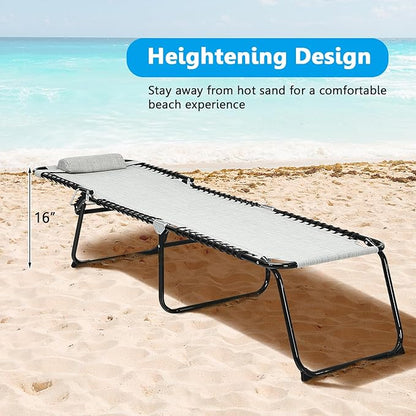 GYMAX Tanning Chair, Extra High Lounge Chair with Removable Pillow, Detachable Side Pocket & Adjustable Backrest, Folding Chaise Lounger for Sunbath, Layout Beach Chair for Indoor/Outdoor (2, Grey)