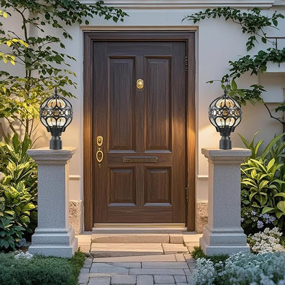 Dusk to Dawn Soccer Ball Outdoor Post Light for Lawn Porch Yard Driveway, Black Outside Globe Lamp Post Light, 3" Pier Mount Sphere Lantern Lighting, Exterior Pole Post Light(2 Pack)