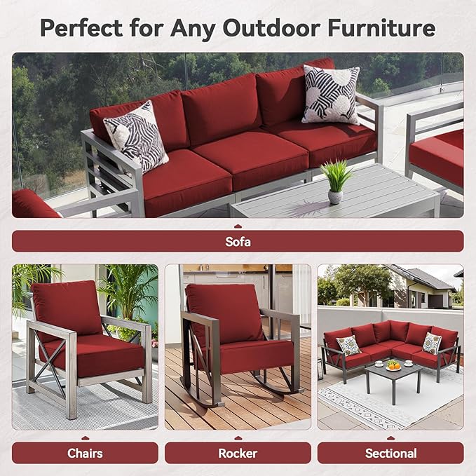 Luxury 6" Outdoor Cushions for Patio Furniture, 24x24x6" Thick Seat Cushion Set of 4, Fade Resistant Couch Chair Replacement Cushions High Density Deep Wicker Chair Cushion w/ Removable Cover, Red